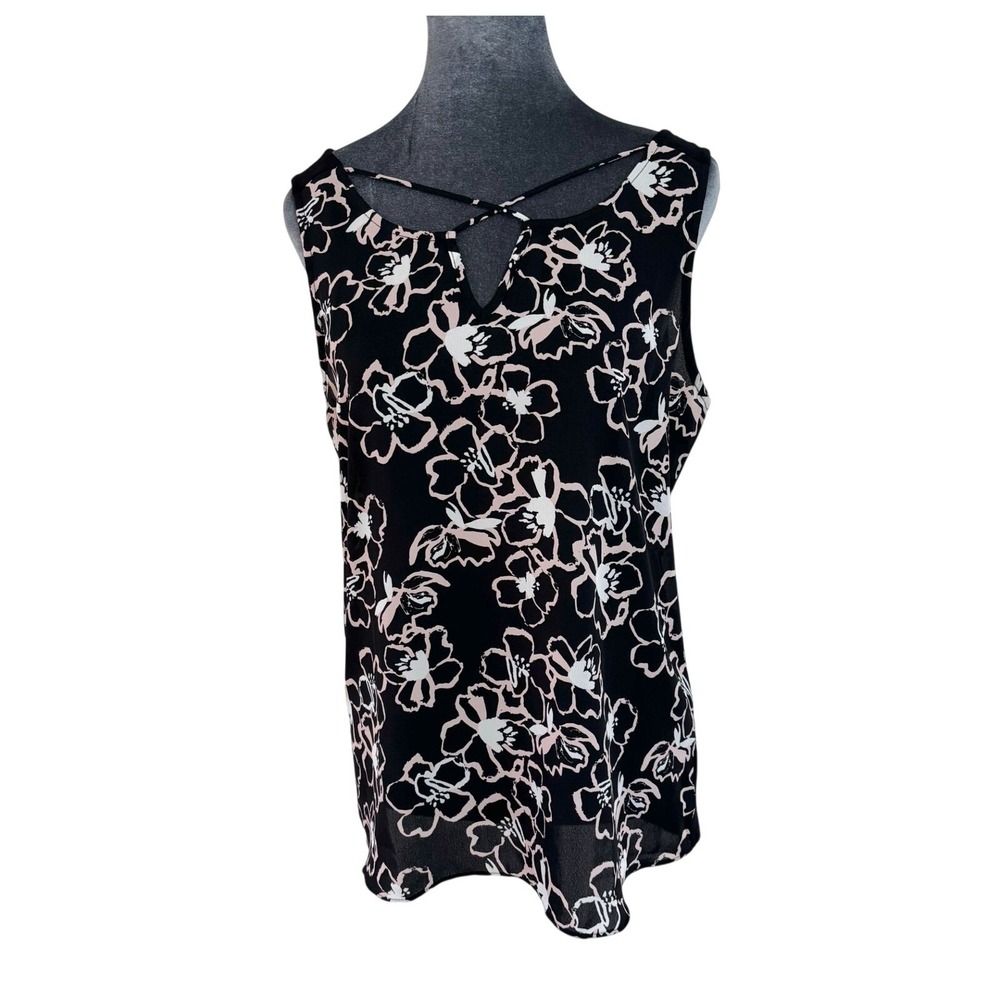 FORTUNE + IVY Womens Black Floral Lattice Neck Sleeveless Top‎ Blouse Size L